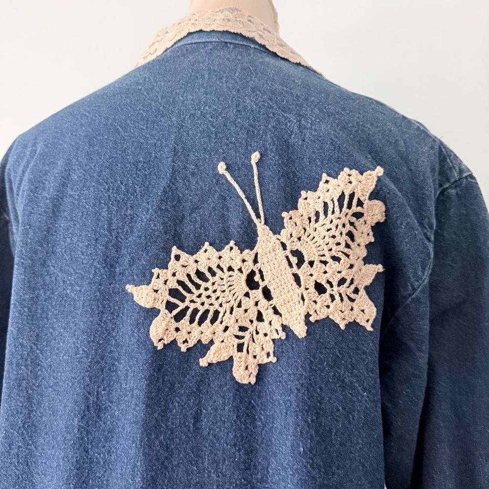 🌸 Grandma Core Reworked Denim Midi Dress Lace Butterfly Cottagecore 🦋 - Picture 9 of 15